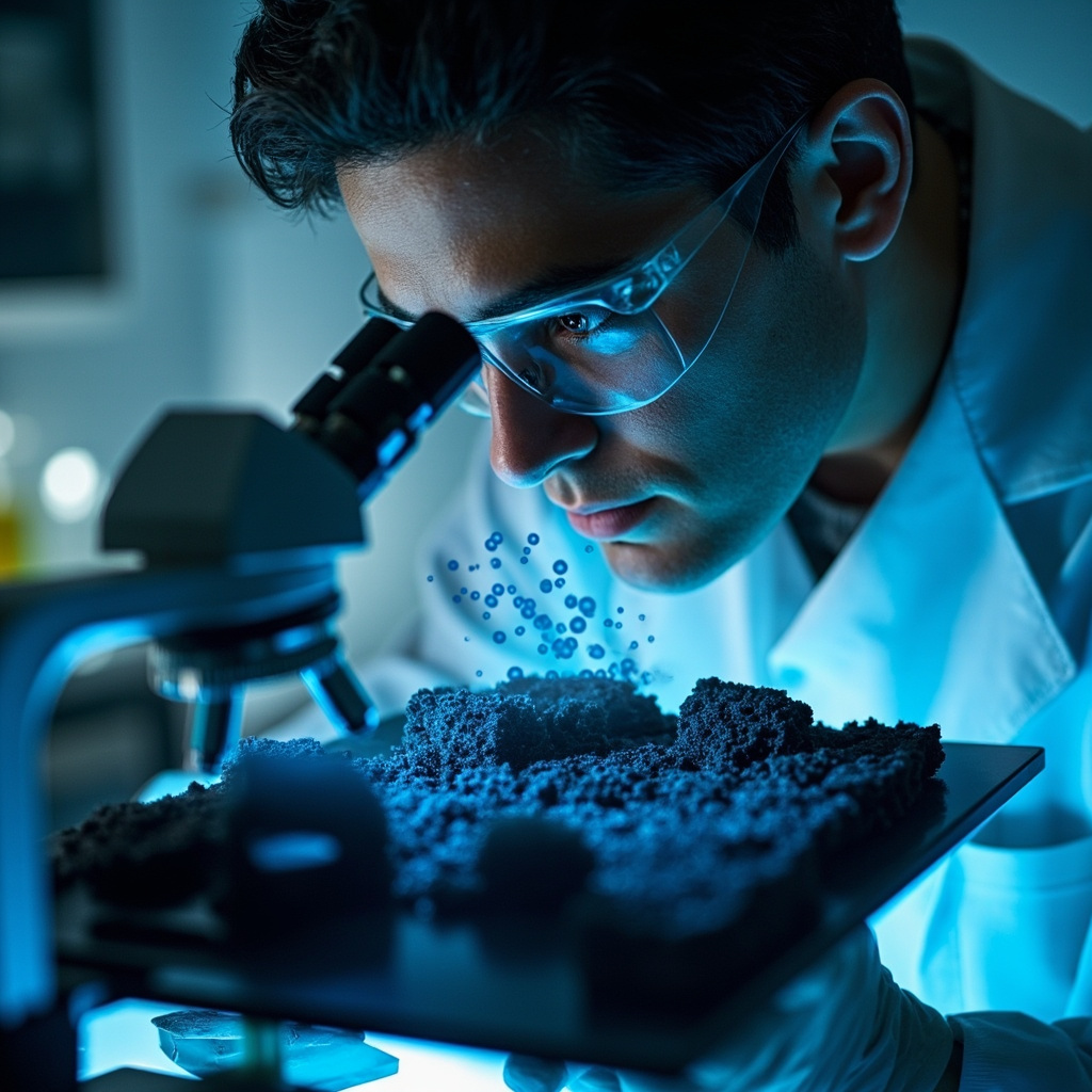 Microscopic view of a porous carbon lattice structure, geometric hexagonal patterns, blue-tinted scientific imaging
