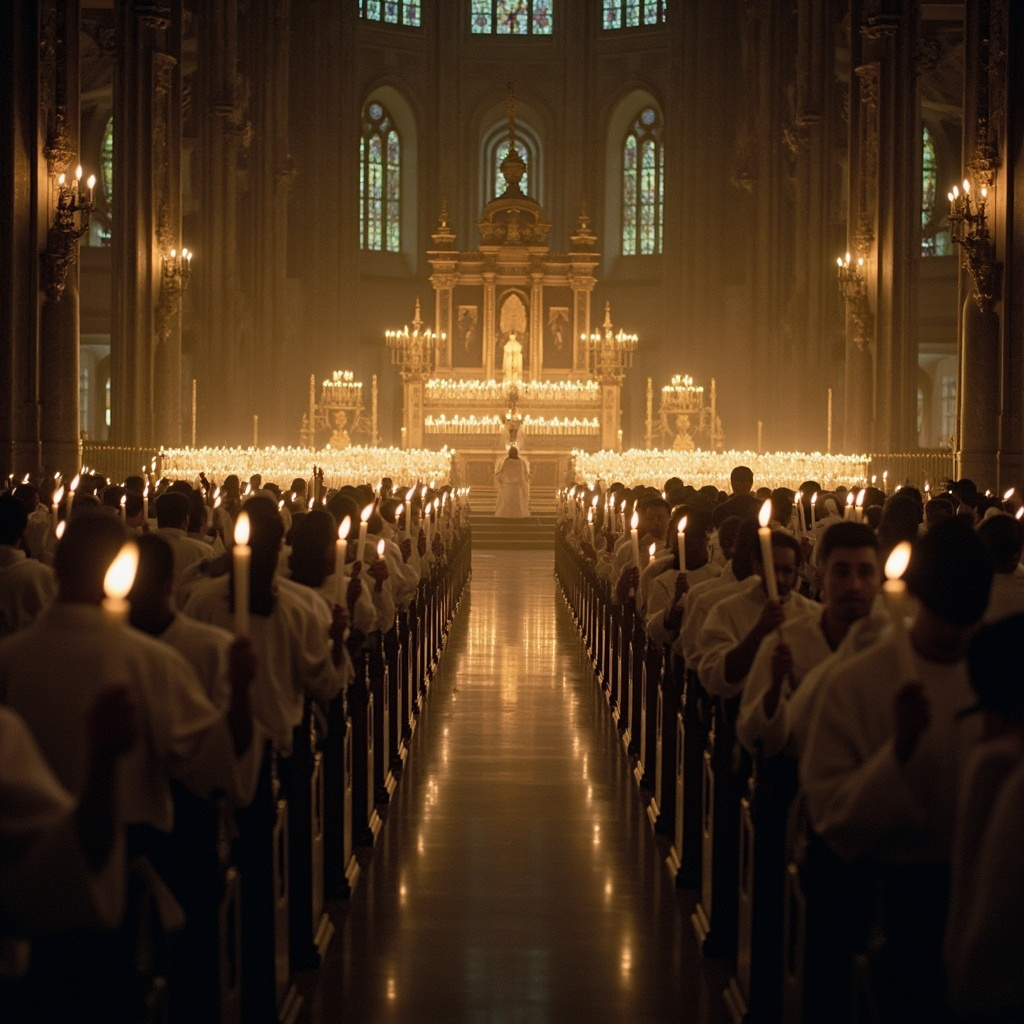 A crowded Catholic church interior during an Easter Vigil ceremony, candidates in white standing before an altar, warm candlelight