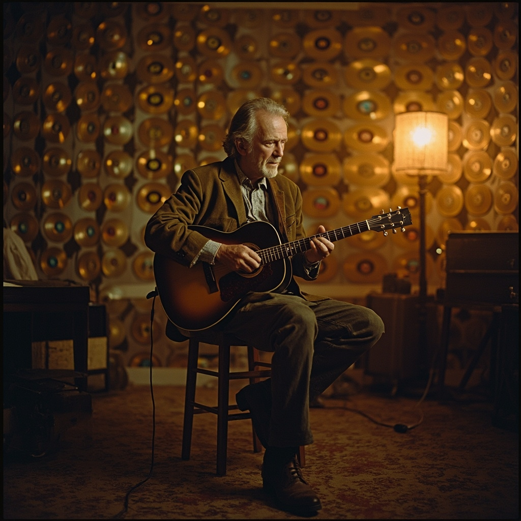 A vintage recording studio console with warm analog light, a guitar leaning against a stool, sheet music scattered on a stand, the feeling of a song just finished