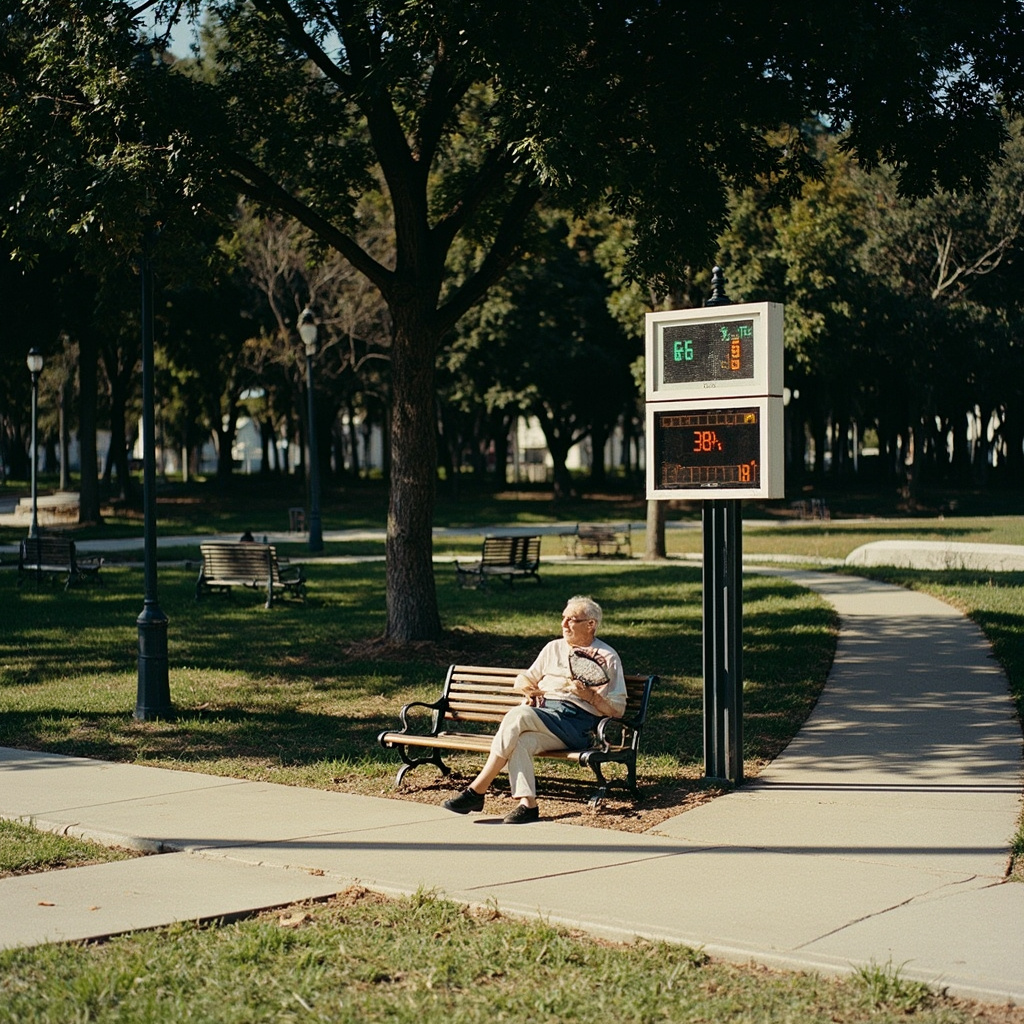 An empty jogging path in a sun-scorched urban park, heat shimmer visible above the pavement, a lone water fountain, harsh midday light