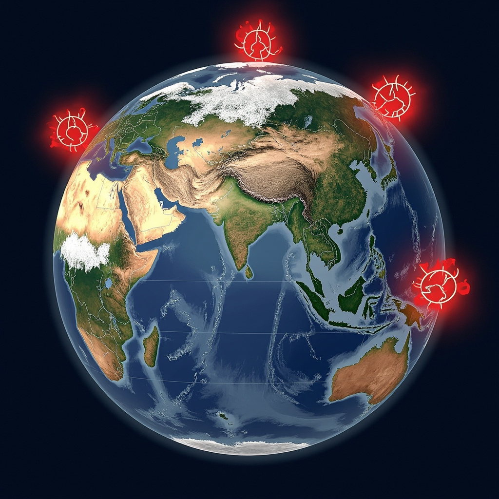 A globe showing temperature anomaly data in red and orange, overlaid on a newspaper layout, data visualization style
