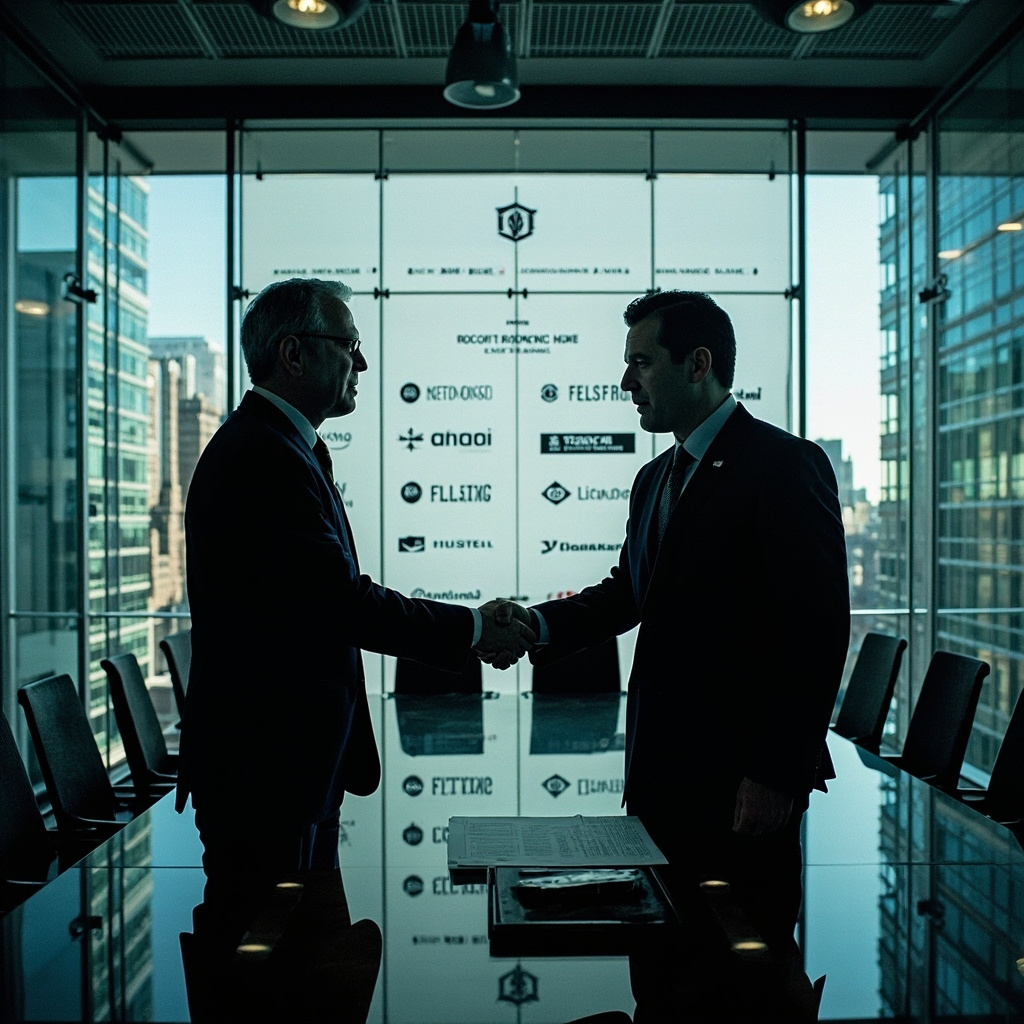 Two modern glass office towers side by side, their reflections merging in a pool of water below, corporate financial district setting