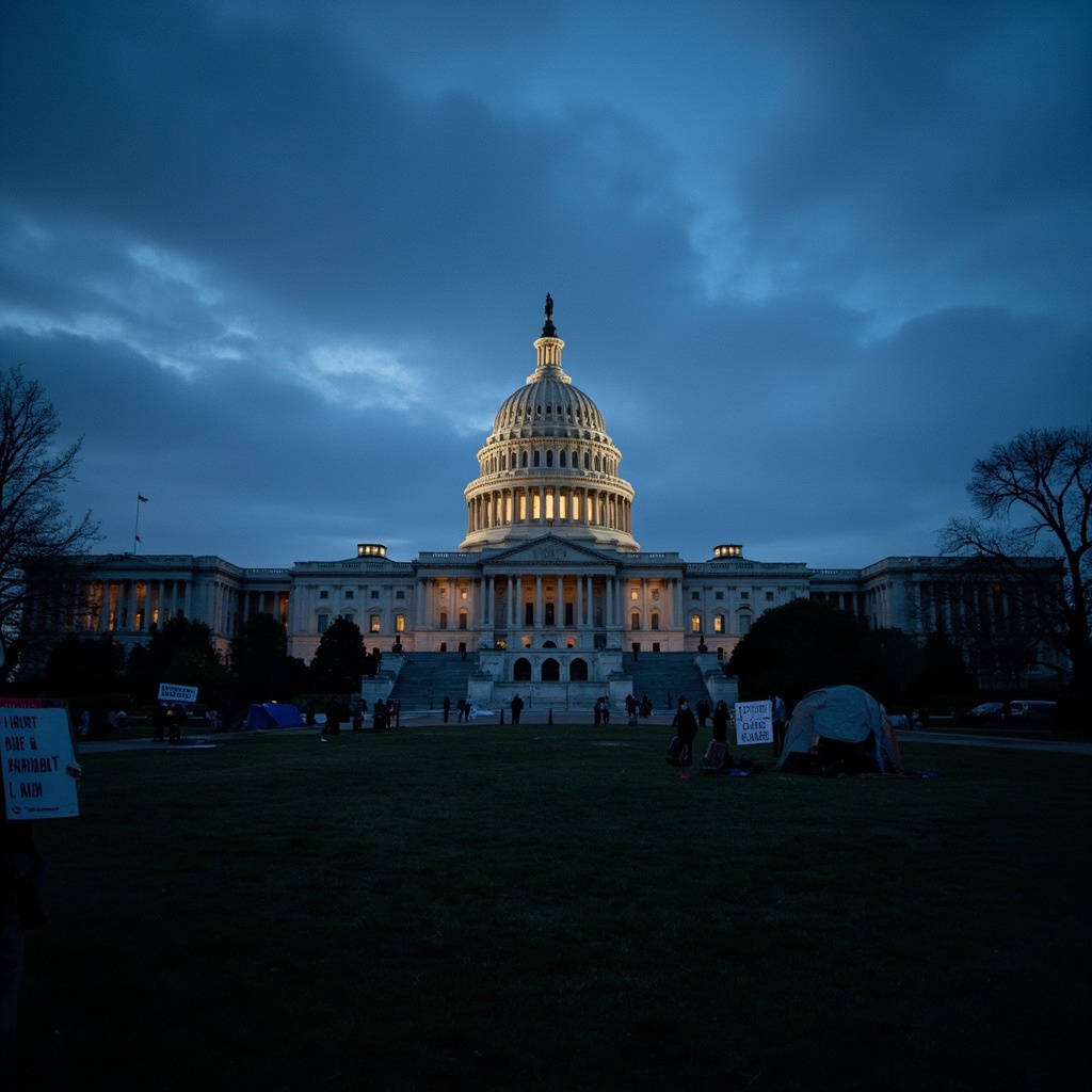 The United States Capitol dome at twilight, lit from below, a few figures walking on the steps, overcast sky