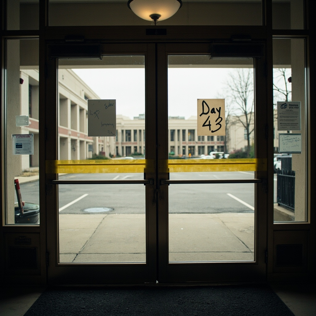 A long, empty TSA screening lane at a major airport terminal, blue bins stacked unused, overhead monitors dark, a single TSA agent standing at the far end of the belt