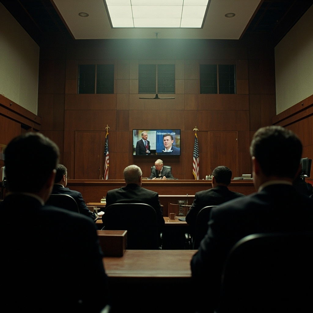Federal courthouse entrance with marble columns, press photographers waiting behind metal barriers, overcast sky