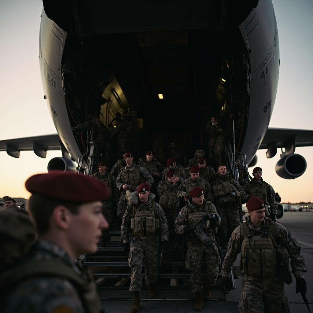 Paratroopers boarding a C-17 transport aircraft at dawn, full combat gear, line stretching across a military tarmac