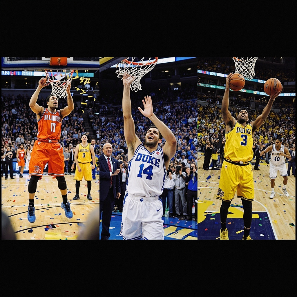 Basketball court at halftime with the March Madness logo at center court, arena lights bright, empty seats filling with returning fans