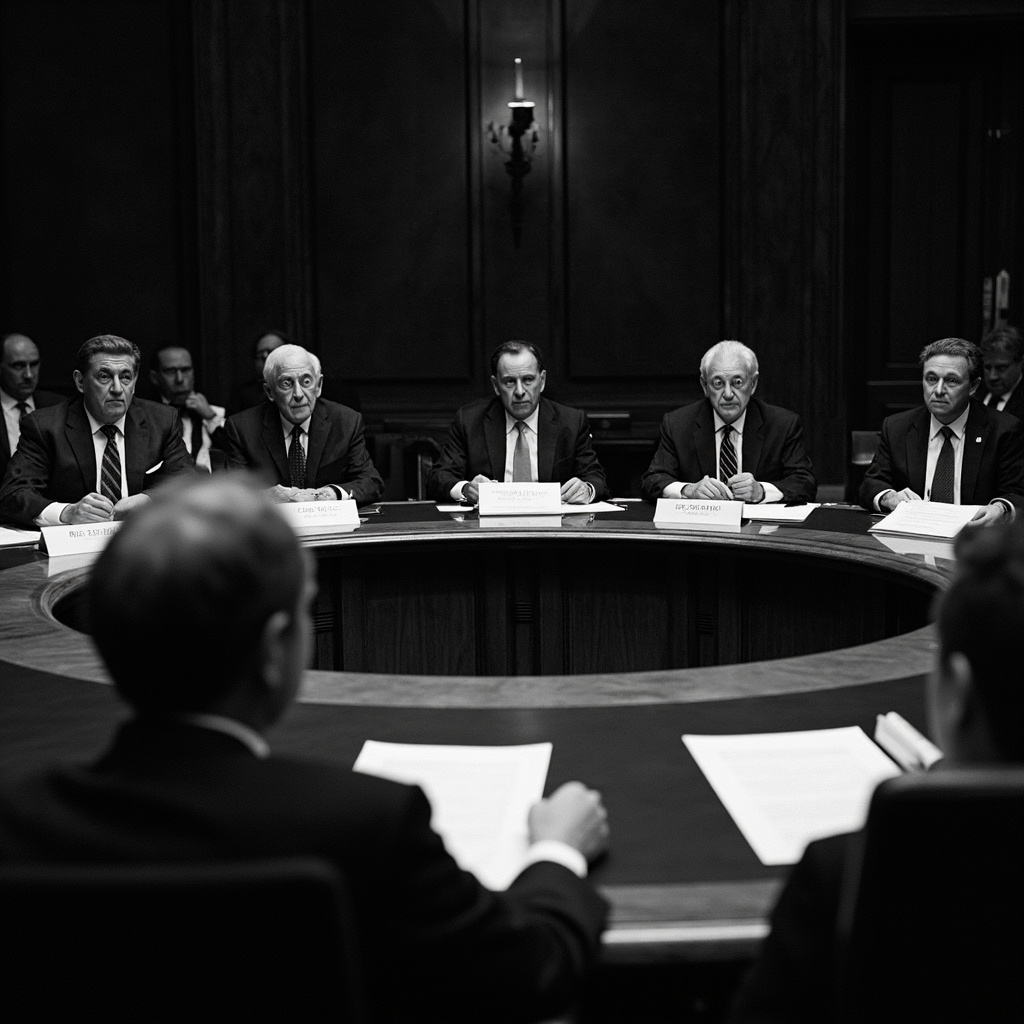 The Eccles Building facade of the Federal Reserve, shot from street level, bare winter trees framing the entrance, overcast sky