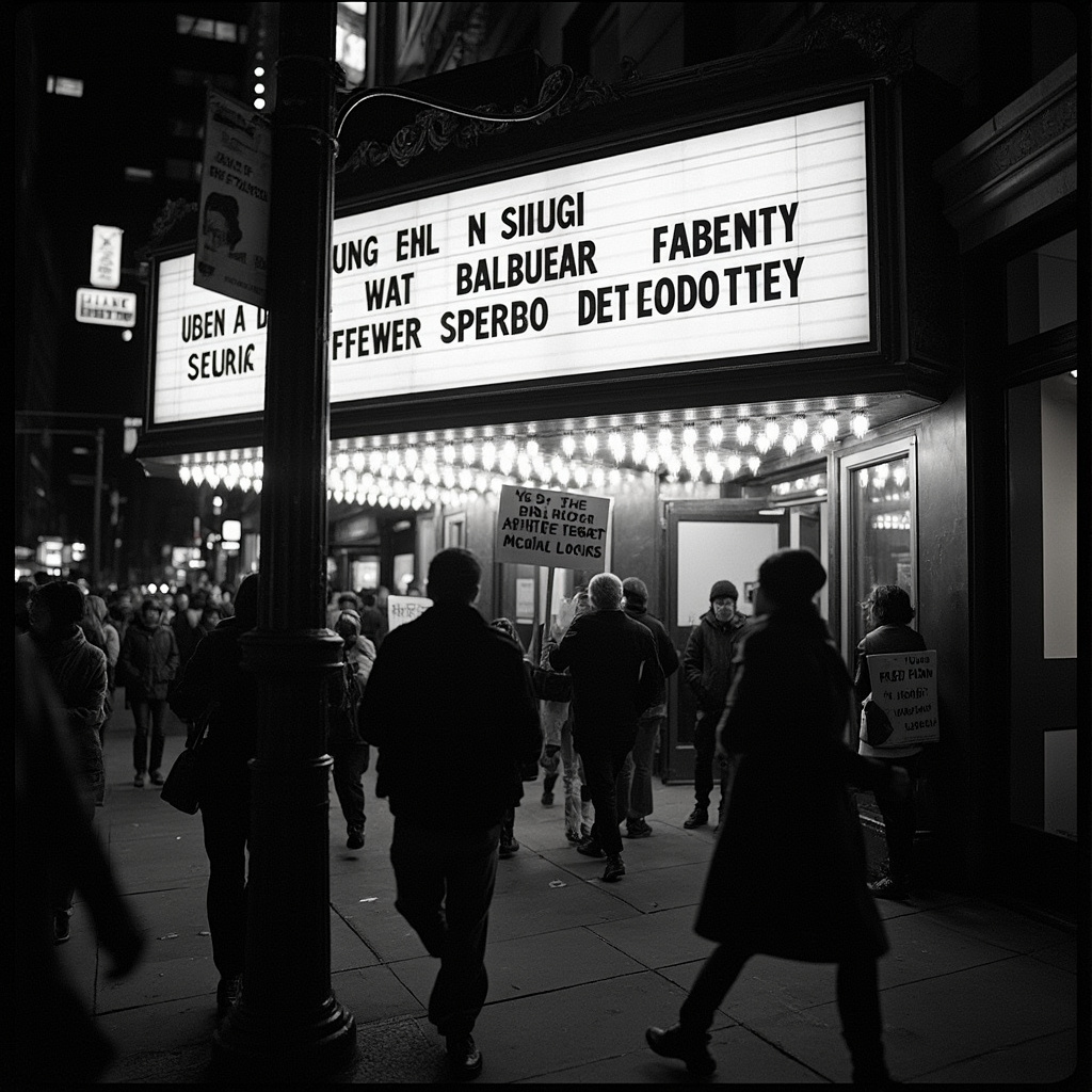 A Broadway theater marquee at night showing the title 'Giant' in large letters, theatergoers on the sidewalk below, warm streetlight