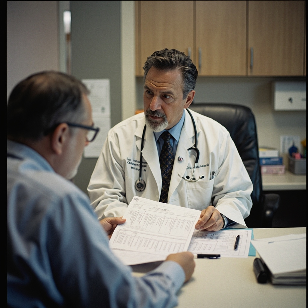 Close-up of a patient's hand holding a GLP-1 injection pen against a clinical white background, soft focus on a heart monitor in the distance
