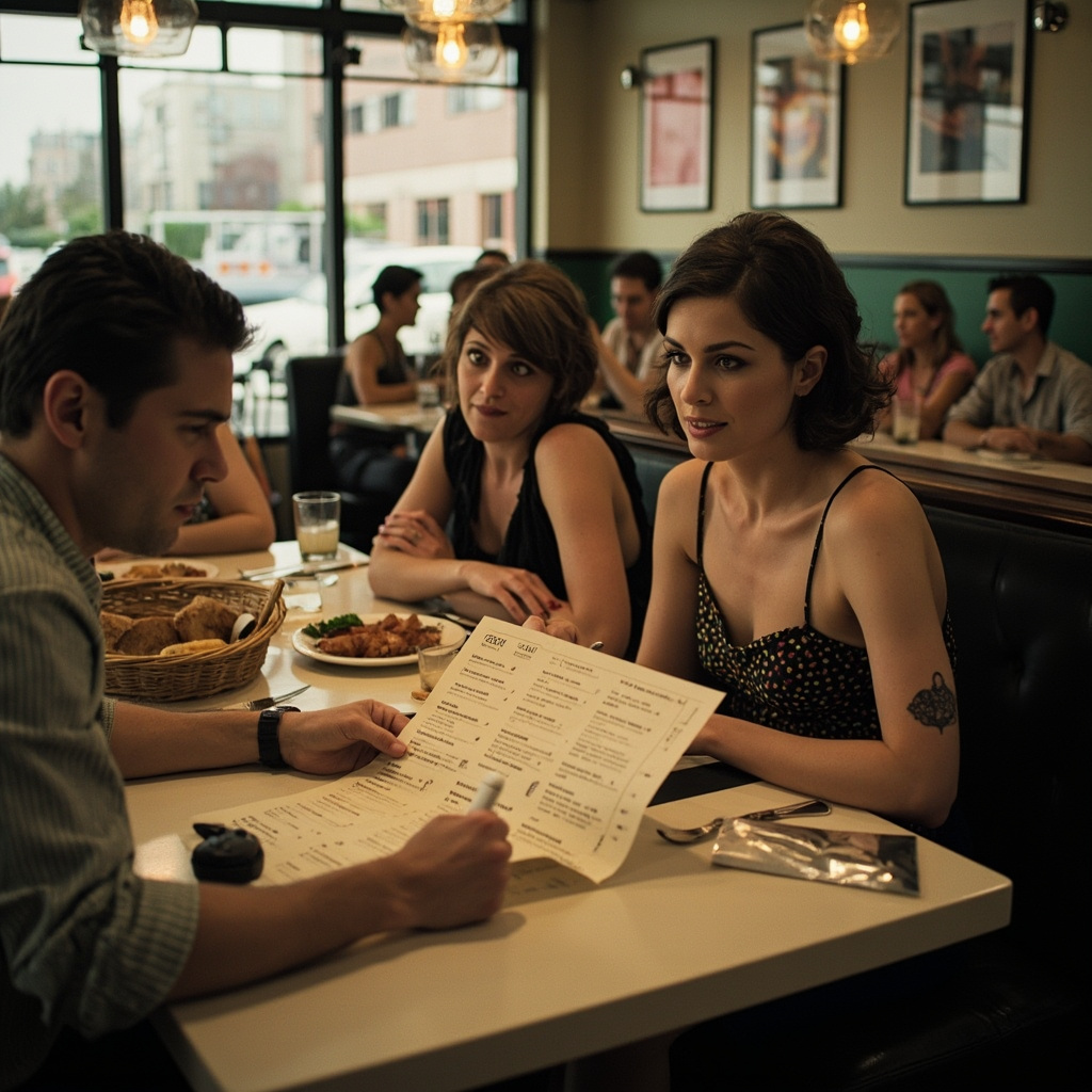 A pharmacy counter with a row of injection pens, a customer in casual clothes picking up a prescription, clean modern interior