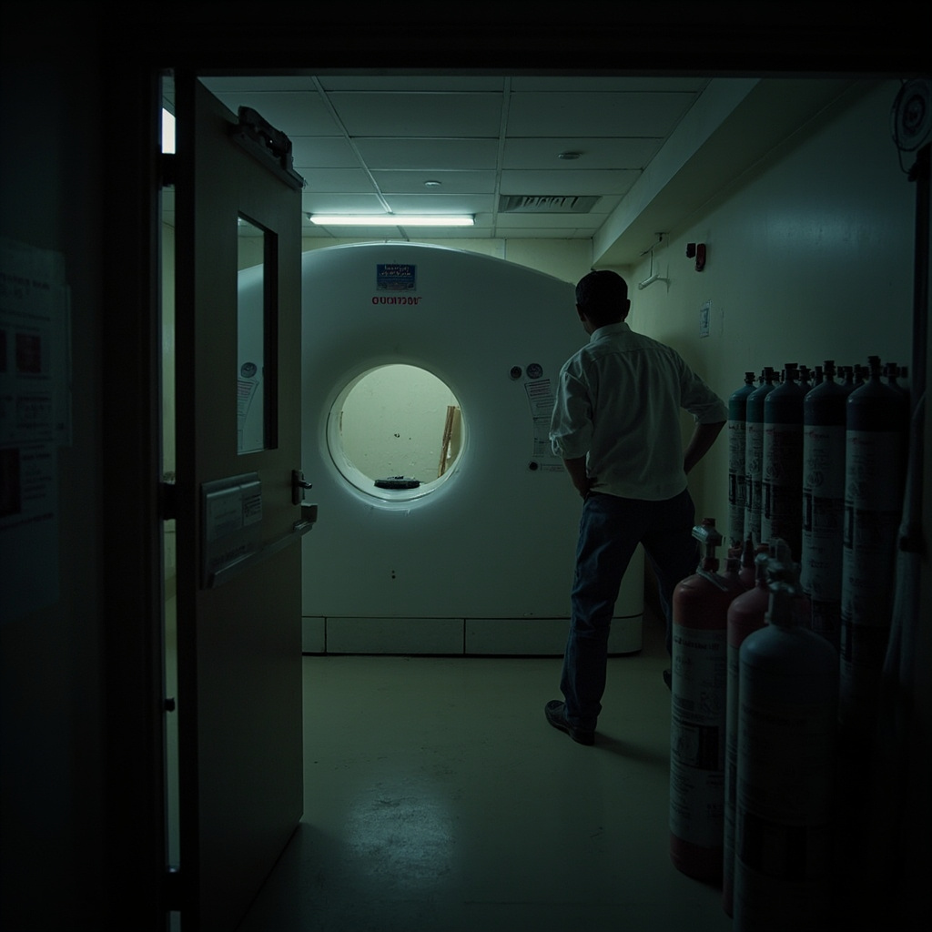 An MRI control room in a Delhi hospital, a technician studying a monitor showing low helium levels, a patient waiting area visible through glass, clinical fluorescent light
