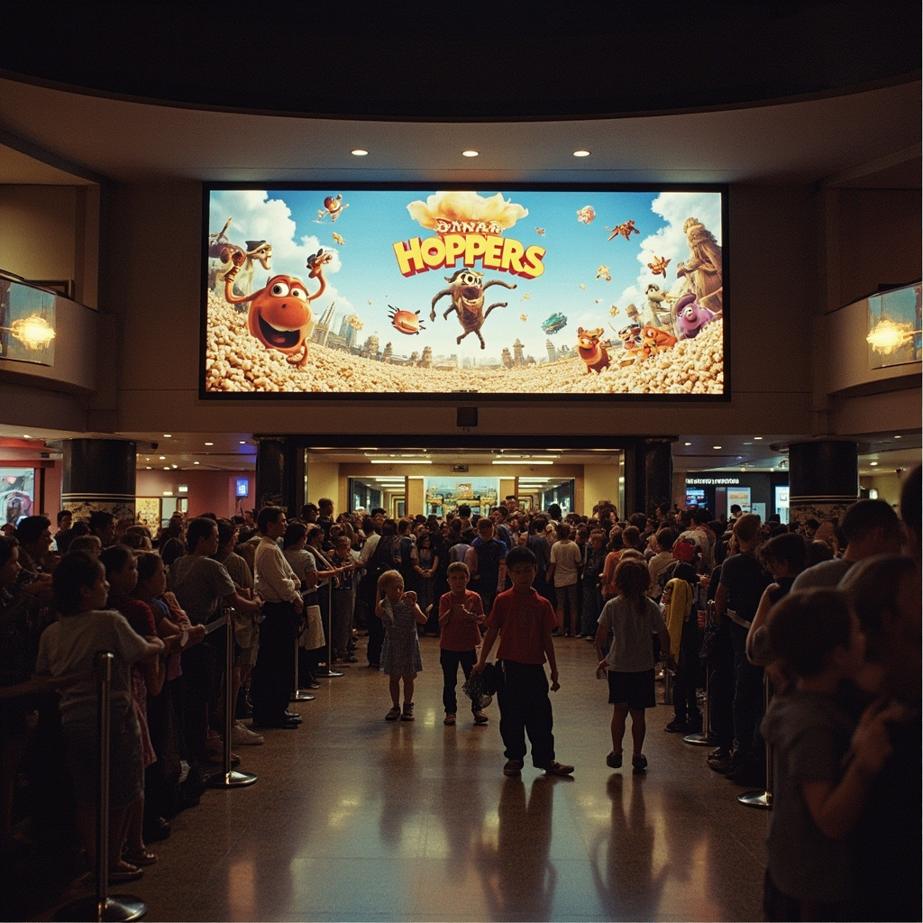 A movie theater lobby with a large Hoppers animated film poster, families in line at the ticket counter, bright overhead lighting