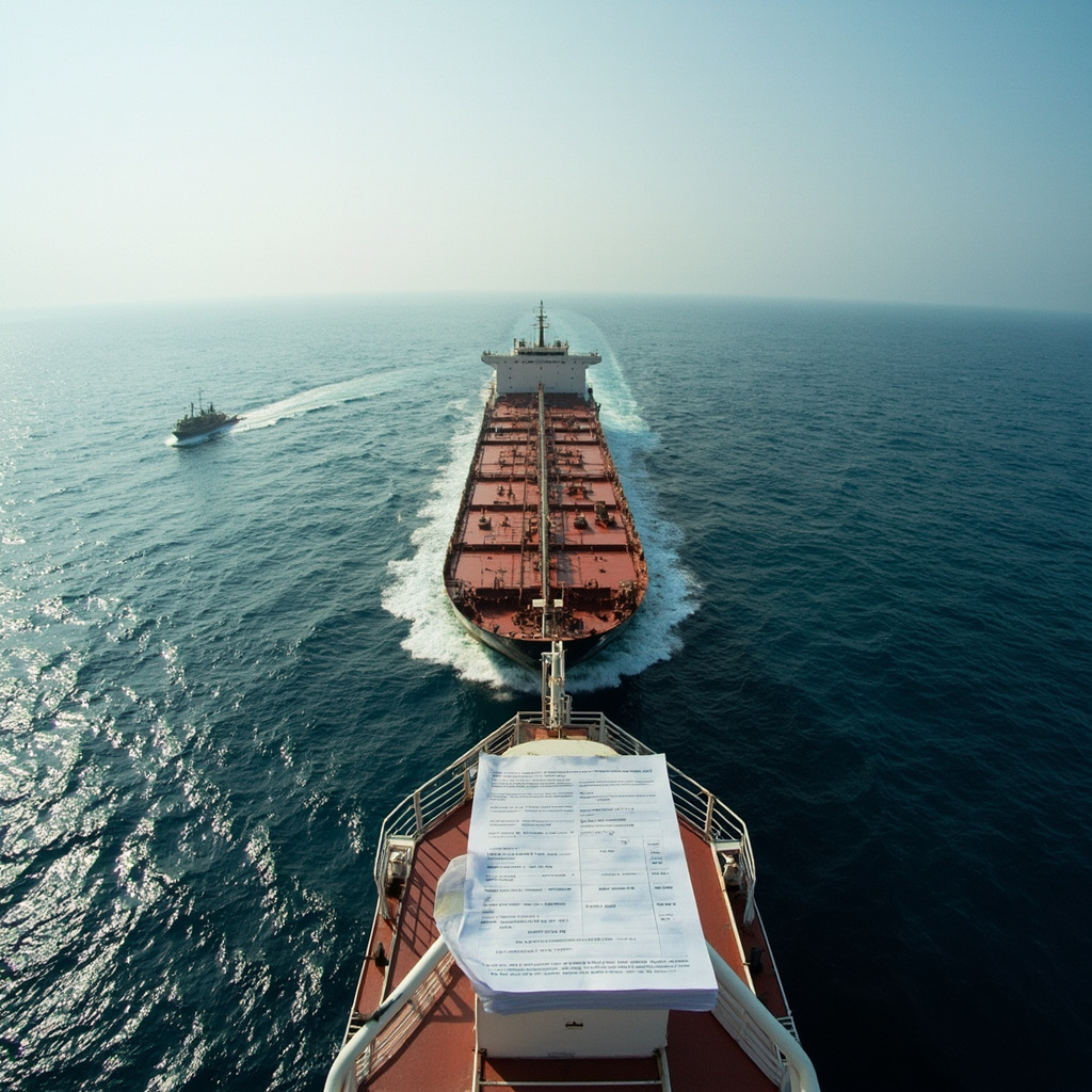 A cargo ship navigating a narrow strait, aerial view, calm water but hazy atmosphere, distant coastline on both sides