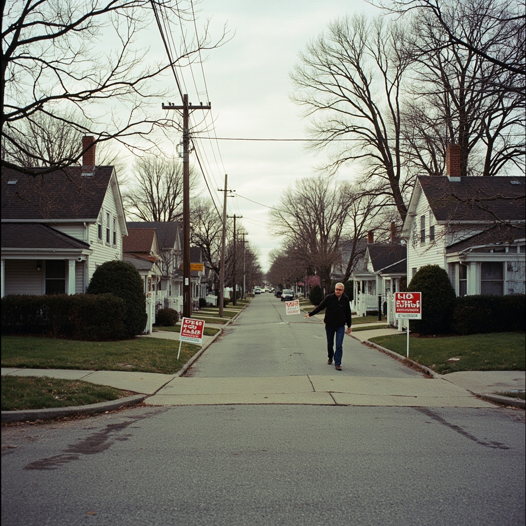 A suburban house with a 'For Sale' sign on a quiet American street, no cars in the driveway, bare early spring trees, overcast sky suggesting stagnation