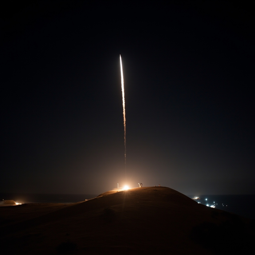 Missile trails cutting across a twilight sky over a desert landscape, seen from a distance, with the faint silhouette of military radar installations on the horizon