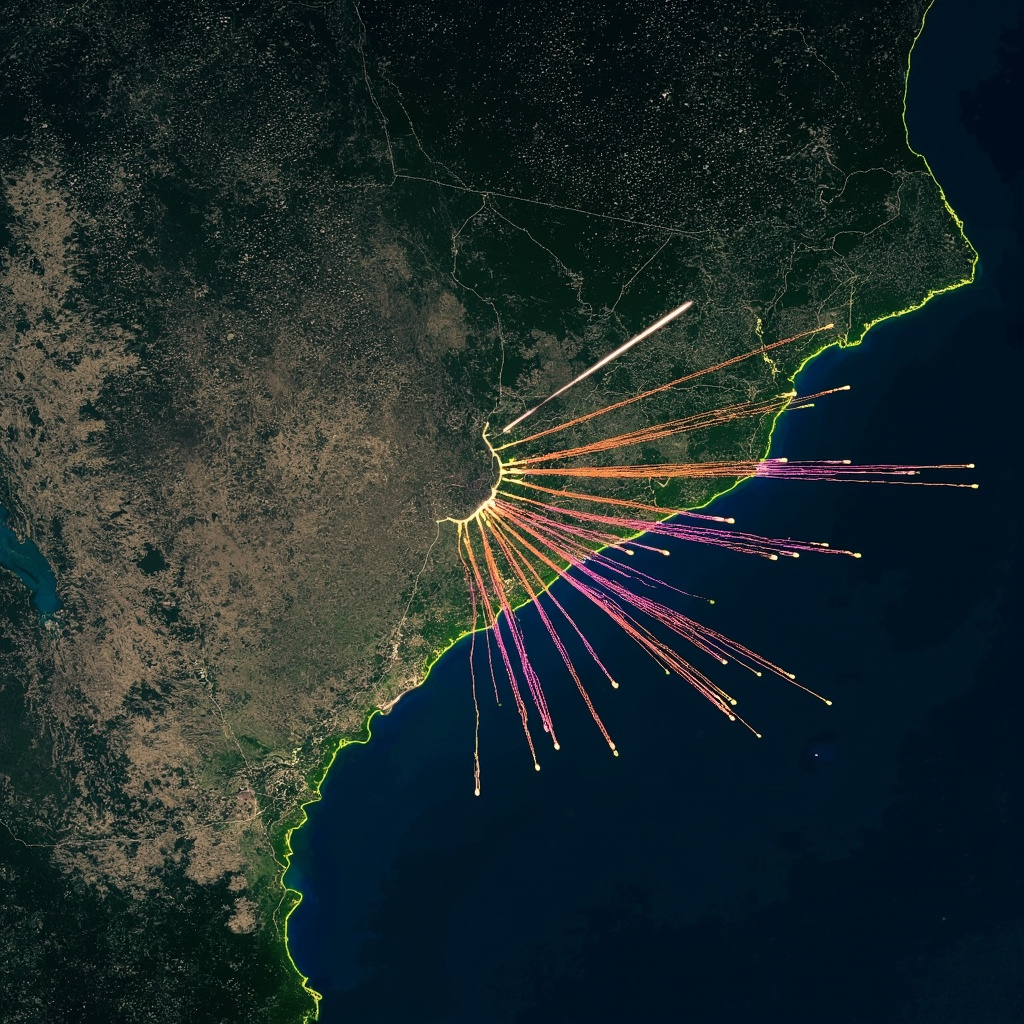 A night sky over a coastal landscape with distant flashes of light on the horizon, smoke trails visible against a dark blue sky