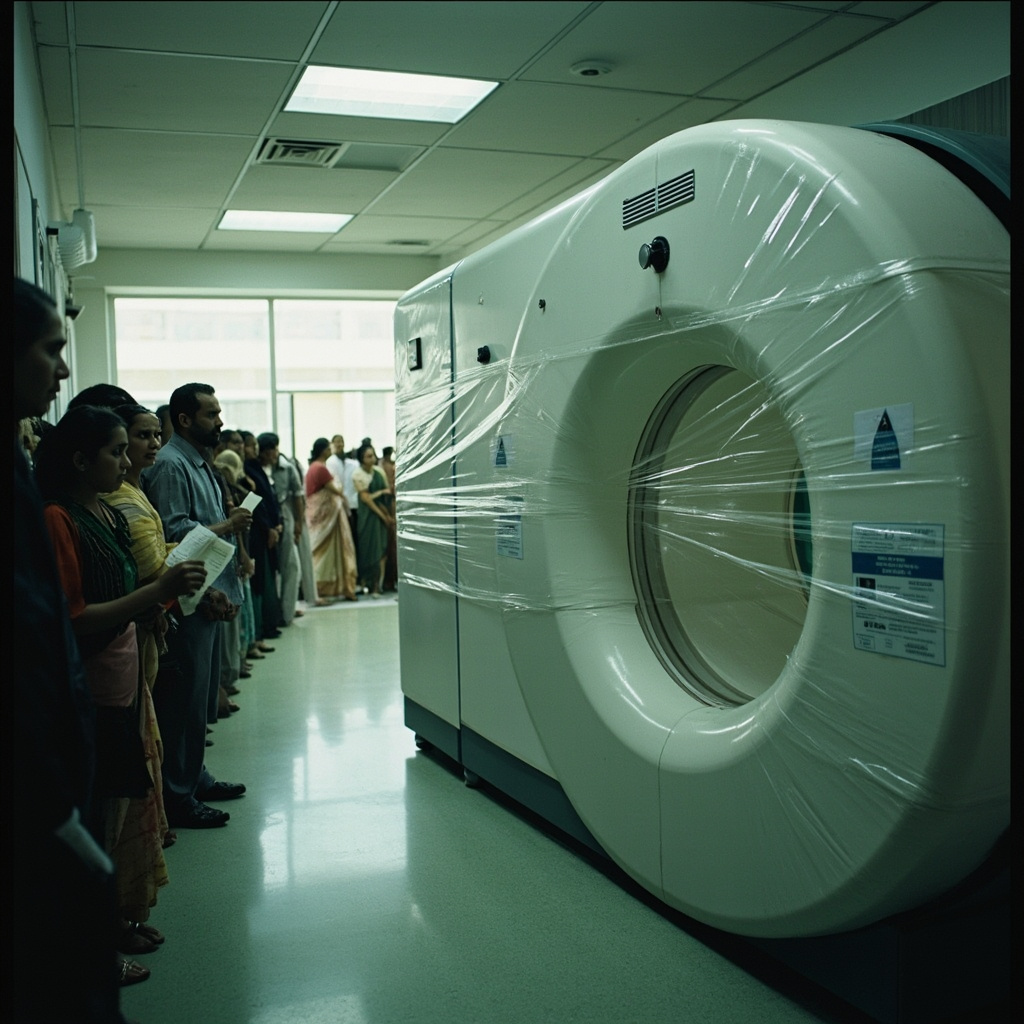 An MRI machine in a hospital room, clinical white lighting, a technician visible through the control room window, the machine powered down