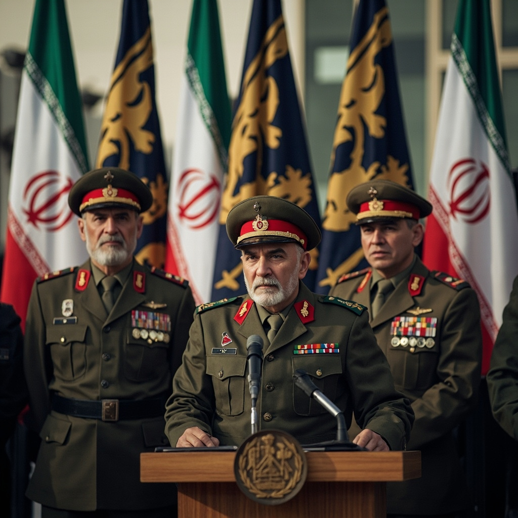 Iranian military command center with officers studying maps, dim overhead lighting, tension visible in posture and gesture