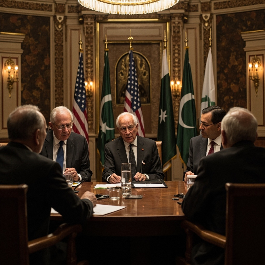 A formal diplomatic meeting room with four flags -- Pakistan, Saudi Arabia, Turkey, Egypt -- arranged in a semicircle around an empty conference table, afternoon light through tall windows