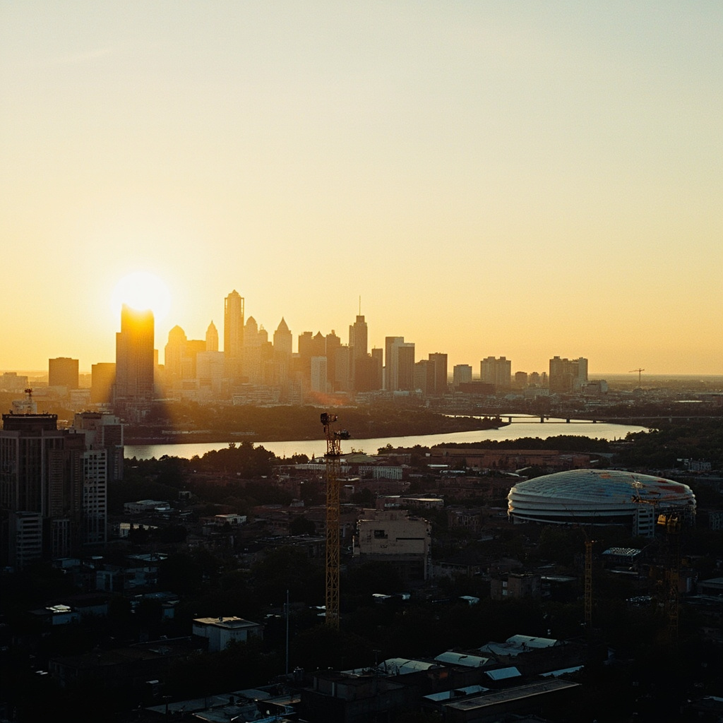 Kansas City skyline with construction cranes and a new streetcar line, World Cup 2026 banners on lampposts, midday light on the Missouri River