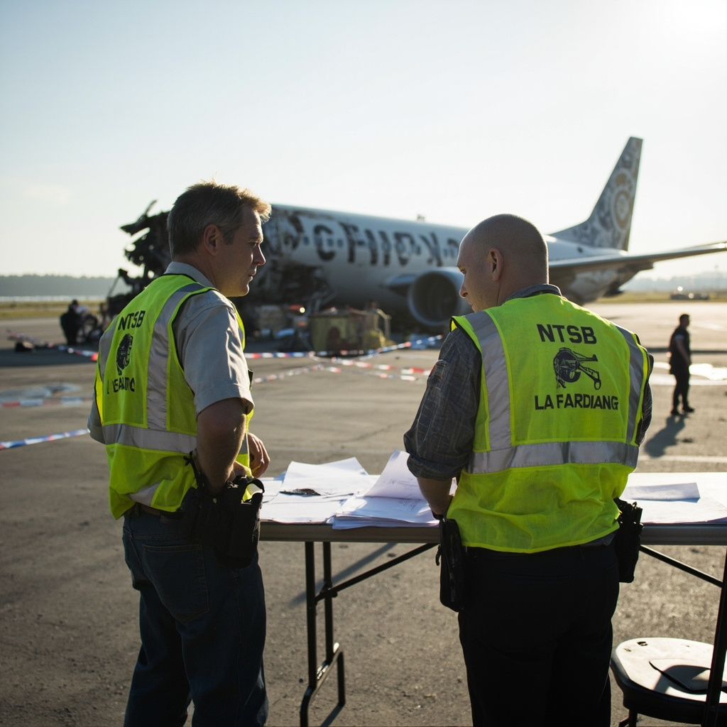 An airport runway at dusk, emergency vehicle lights visible in the distance, control tower silhouetted against the sky