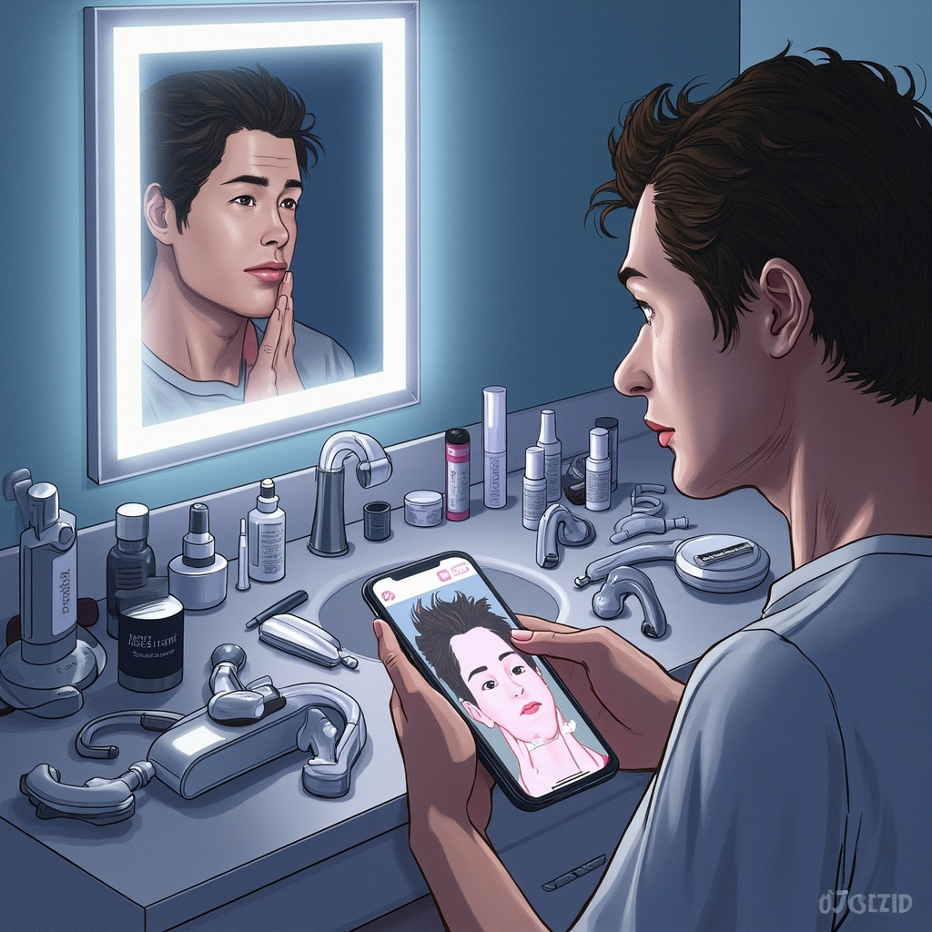 A split-screen image showing a young man's face with digital overlay lines marking facial proportions, clinical aesthetic against dark background