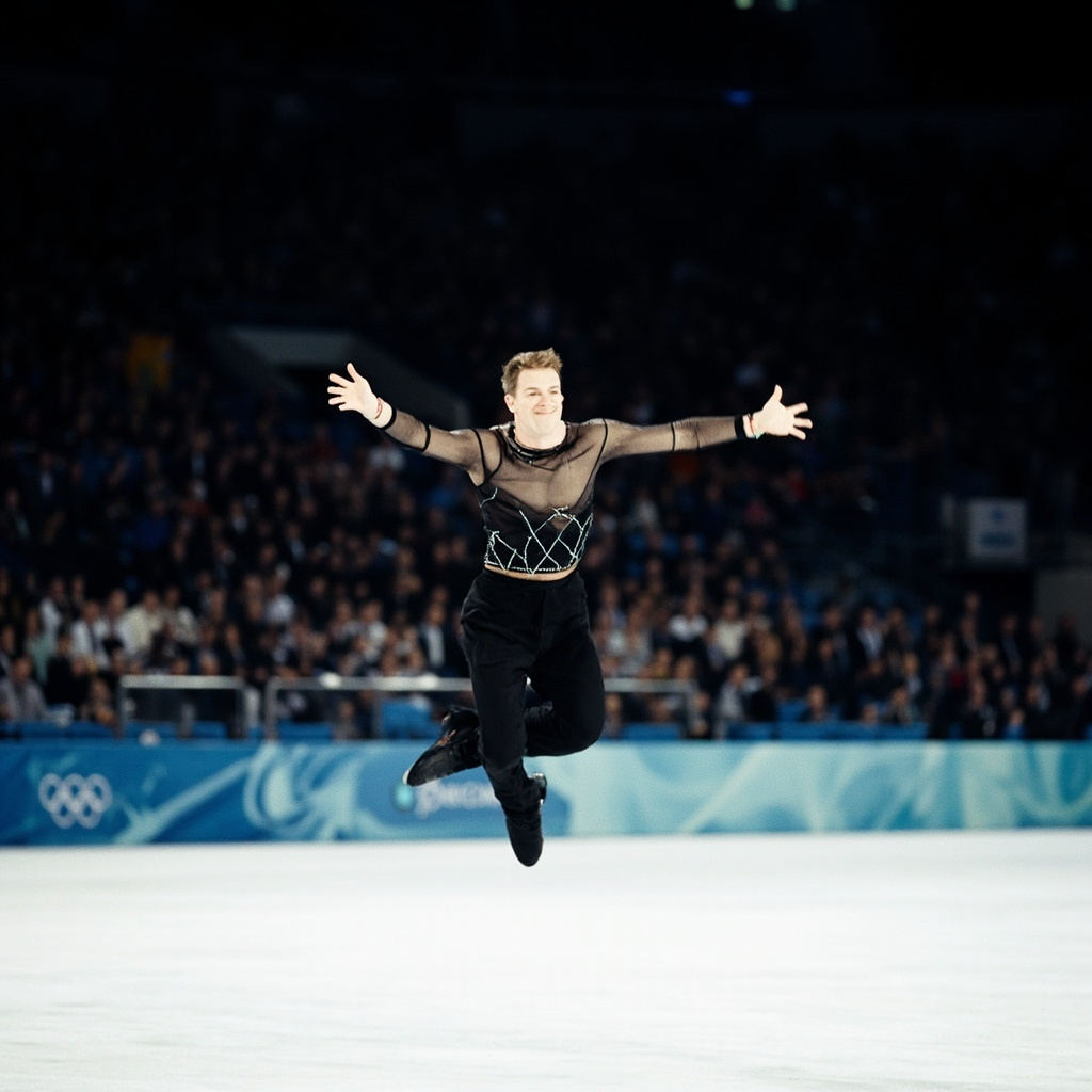 A male figure skater mid-jump on an ice rink, arms tucked tight in rotation, arena lights creating a halo effect, competition setting