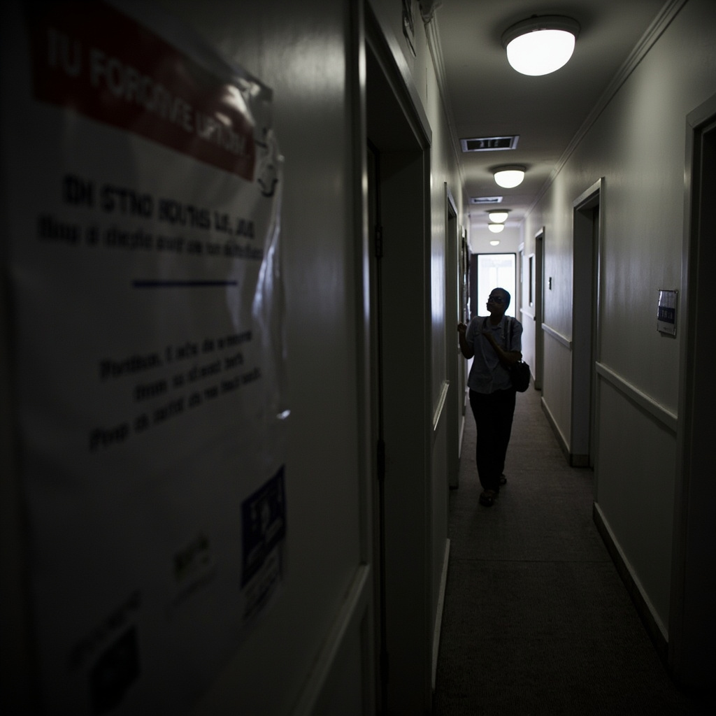 A tropical island coastline at sunset with a power plant visible in the middle distance, palm trees framing the shot, warm golden light