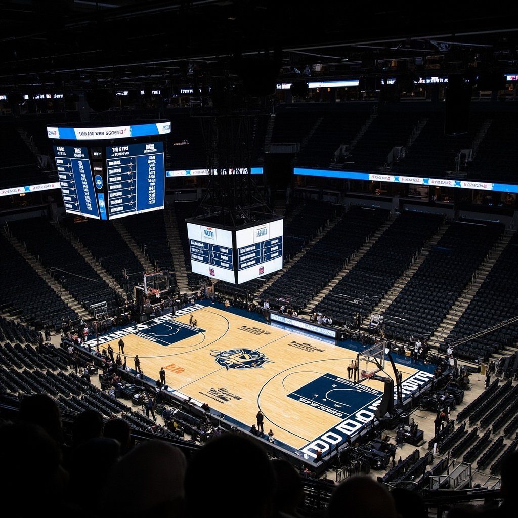 A packed basketball arena with spotlights illuminating the court, teams warming up, crowd filling the upper decks, tournament banners visible