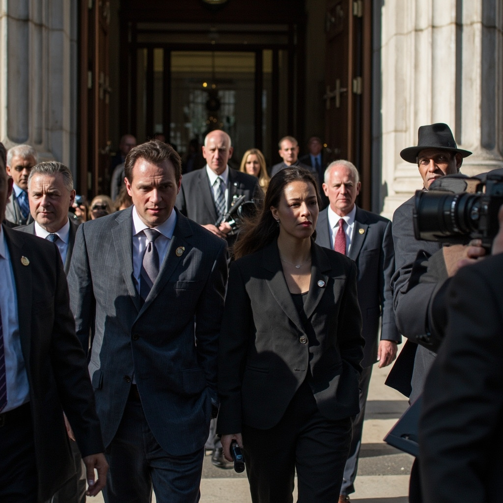 A federal courthouse hallway with marble floors, high ceilings, attorneys walking with document folders, morning light through tall windows