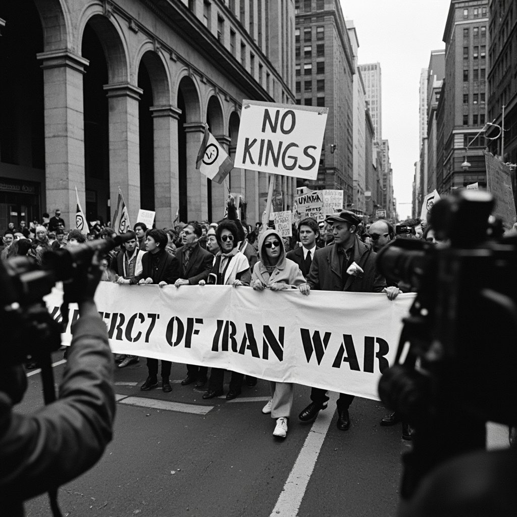 Protest march on a wide American boulevard with hand-painted signs reading 'No Kings No Bombs,' seen from above, late afternoon shadows stretching across the street