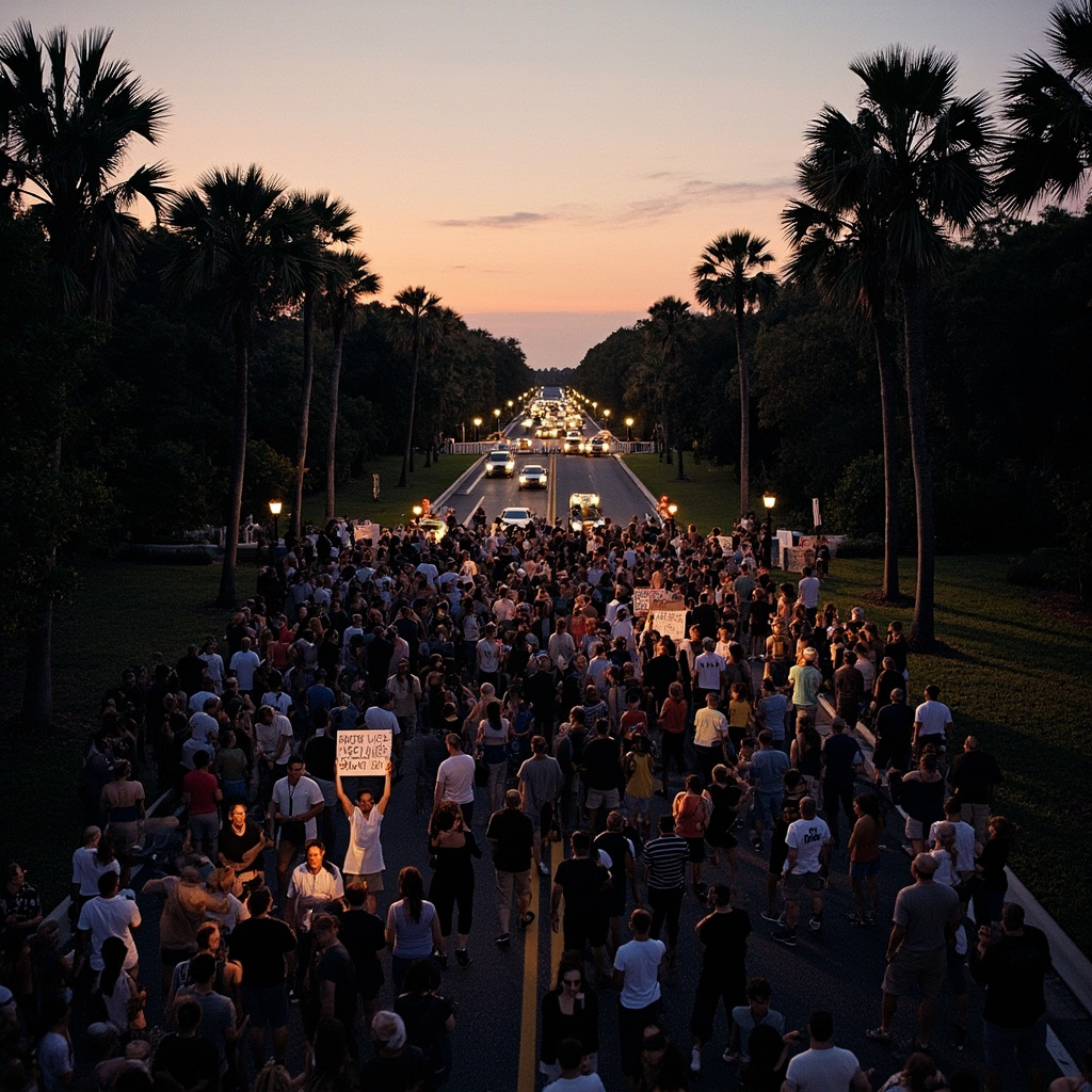 A twilight march across a bridge toward a lit estate in the distance, protesters carrying signs and LED candles, palm trees lining the road