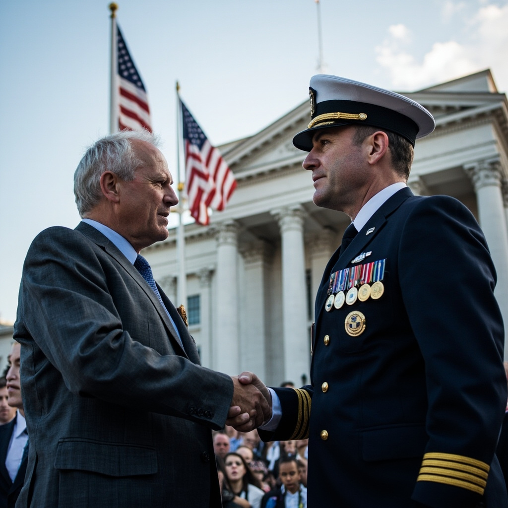 The Pentagon building viewed from the air, geometric five-sided structure, parking lots surrounding it, a commercial airliner in the distant sky
