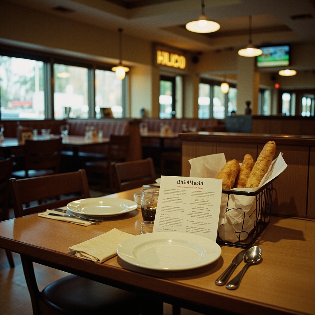 A restaurant table with noticeably smaller, protein-rich plates of food, elegant plating, a half-empty dining room in soft light