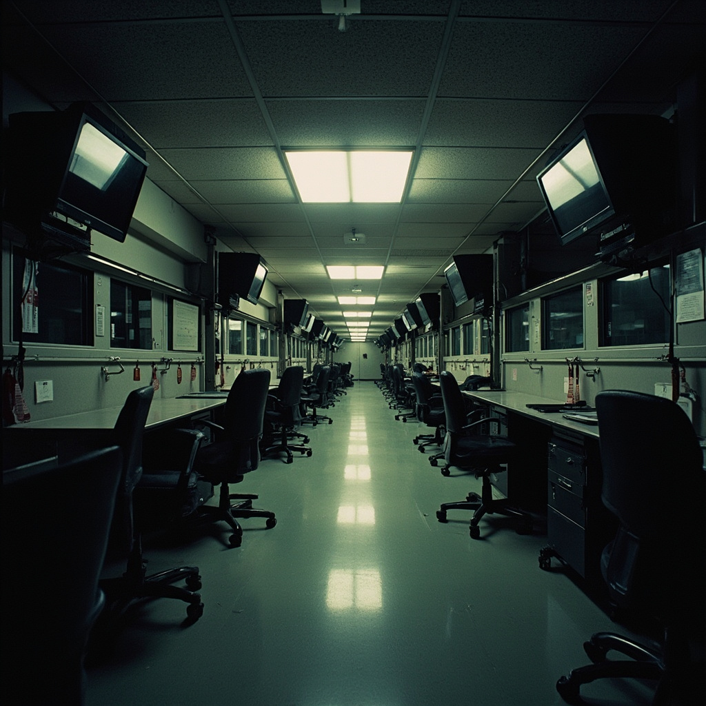 An empty institutional hallway with fluorescent lighting, closed doors on both sides, a security checkpoint visible at the far end