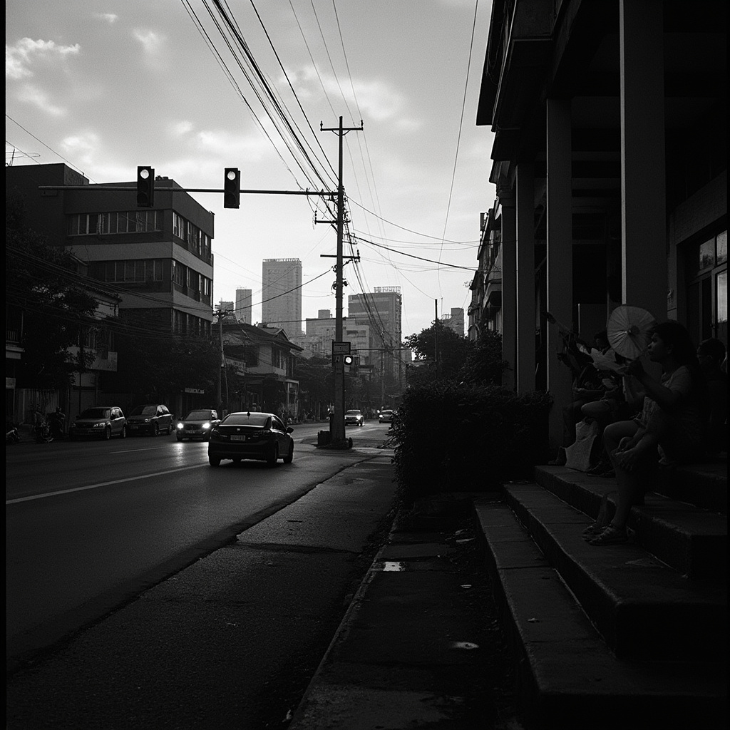 A Manila street at dusk with some buildings lit and others dark, traffic flowing past shuttered storefronts, a generator humming in a doorway