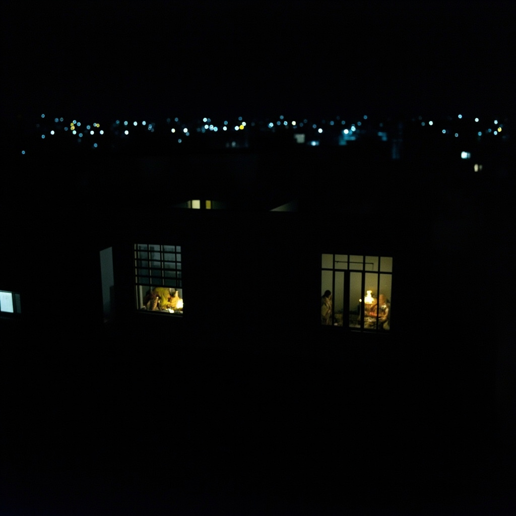 A Metro Manila street at evening with alternating lit and dark blocks, a family eating dinner by candlelight visible through an open window, tropical humidity