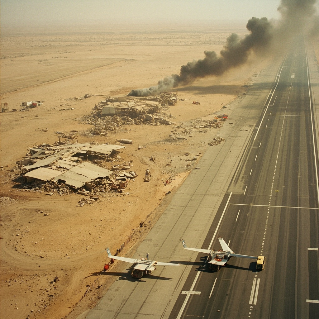 Aerial view of a military airfield at dawn with smoke rising from damaged aircraft on the tarmac, emergency vehicles approaching