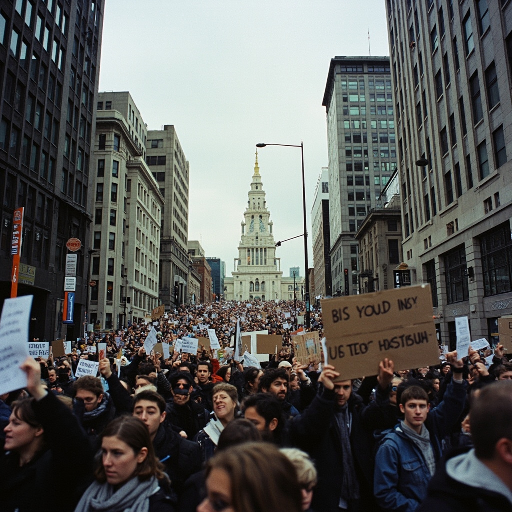 An enormous crowd stretching down a wide American boulevard toward the Capitol dome, viewed from above, protest signs visible as a sea of color against the gray street