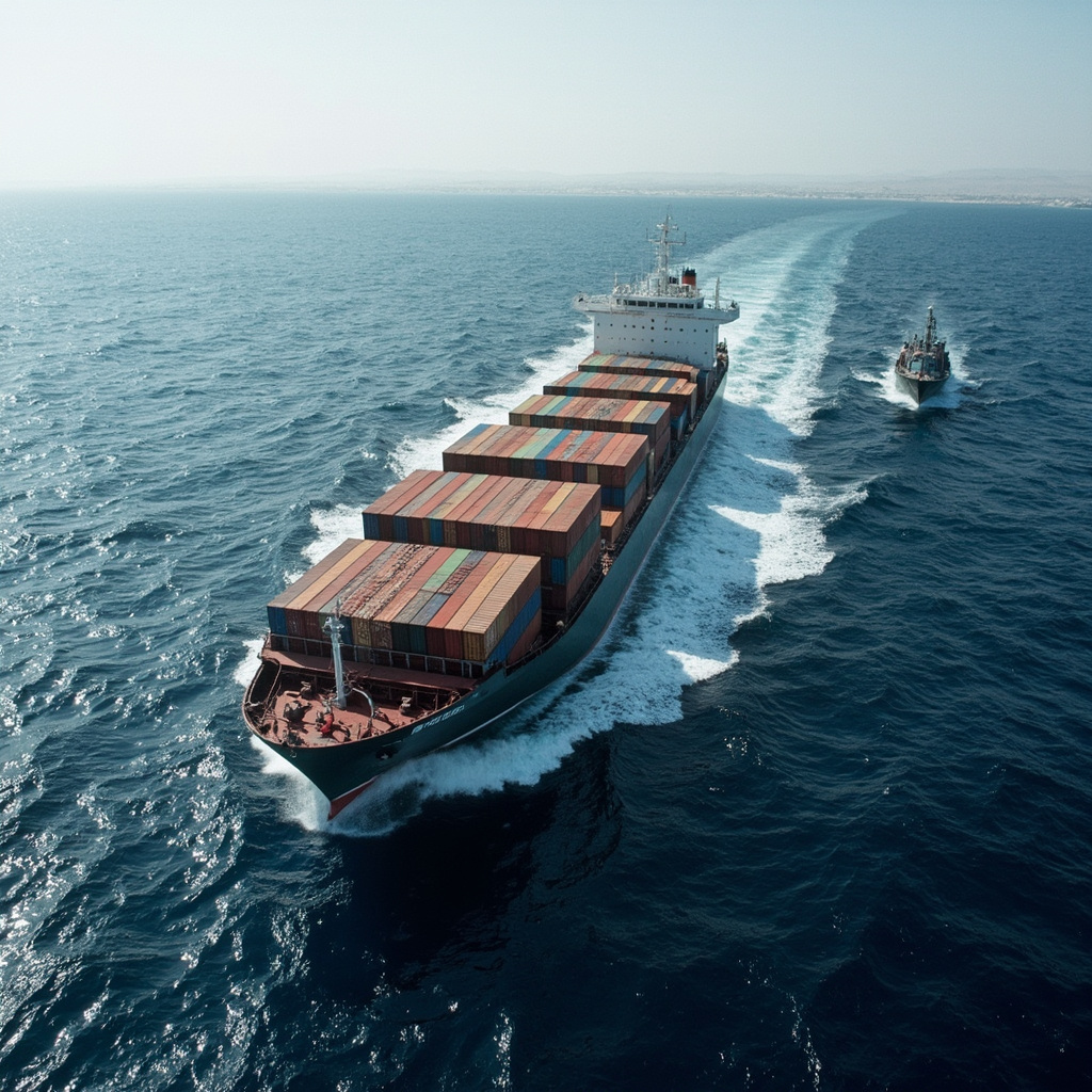 Container ship navigating narrow waters at twilight, escort vessel visible in the background, red warning lights along the shipping lane