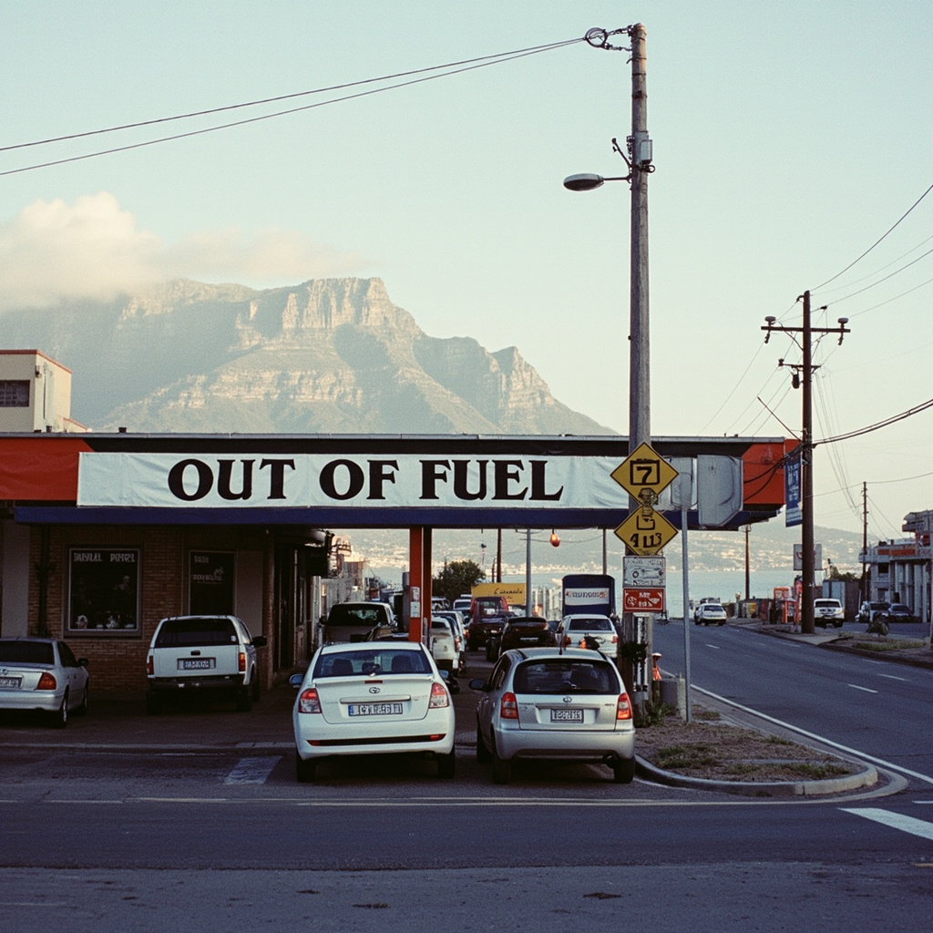 A South African petrol station with a handwritten 'No Diesel' sign on the pump, a queue of vehicles extending down the road, Table Mountain faintly visible in the background haze