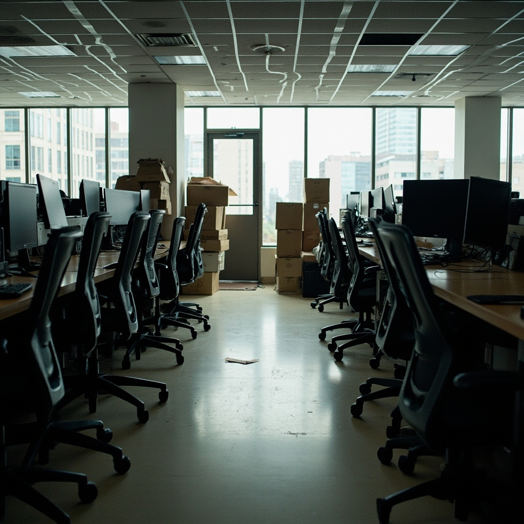 Empty open-plan tech office with abandoned monitors and personal items on desks, overhead fluorescent lights casting flat shadows