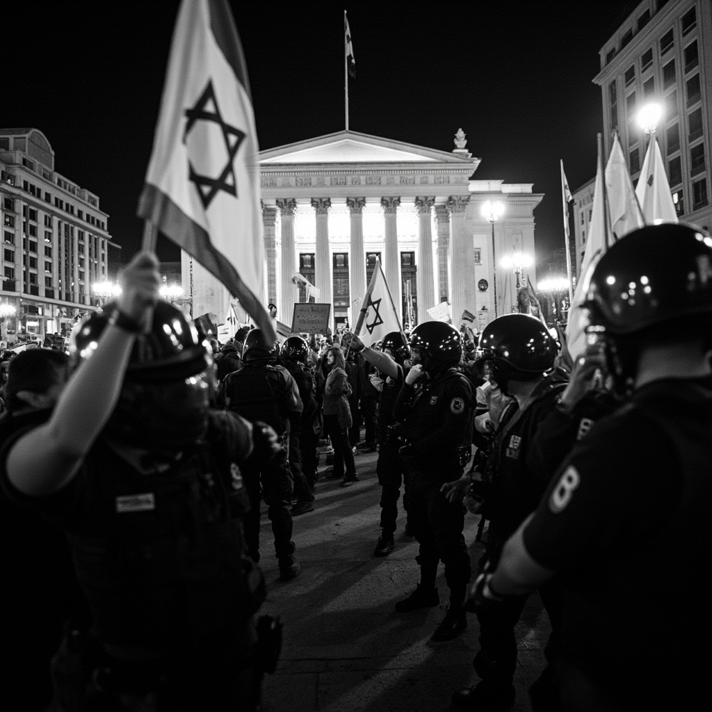 A crowded public square at dusk with protesters holding handwritten signs, police officers visible at the edges, urban buildings in background