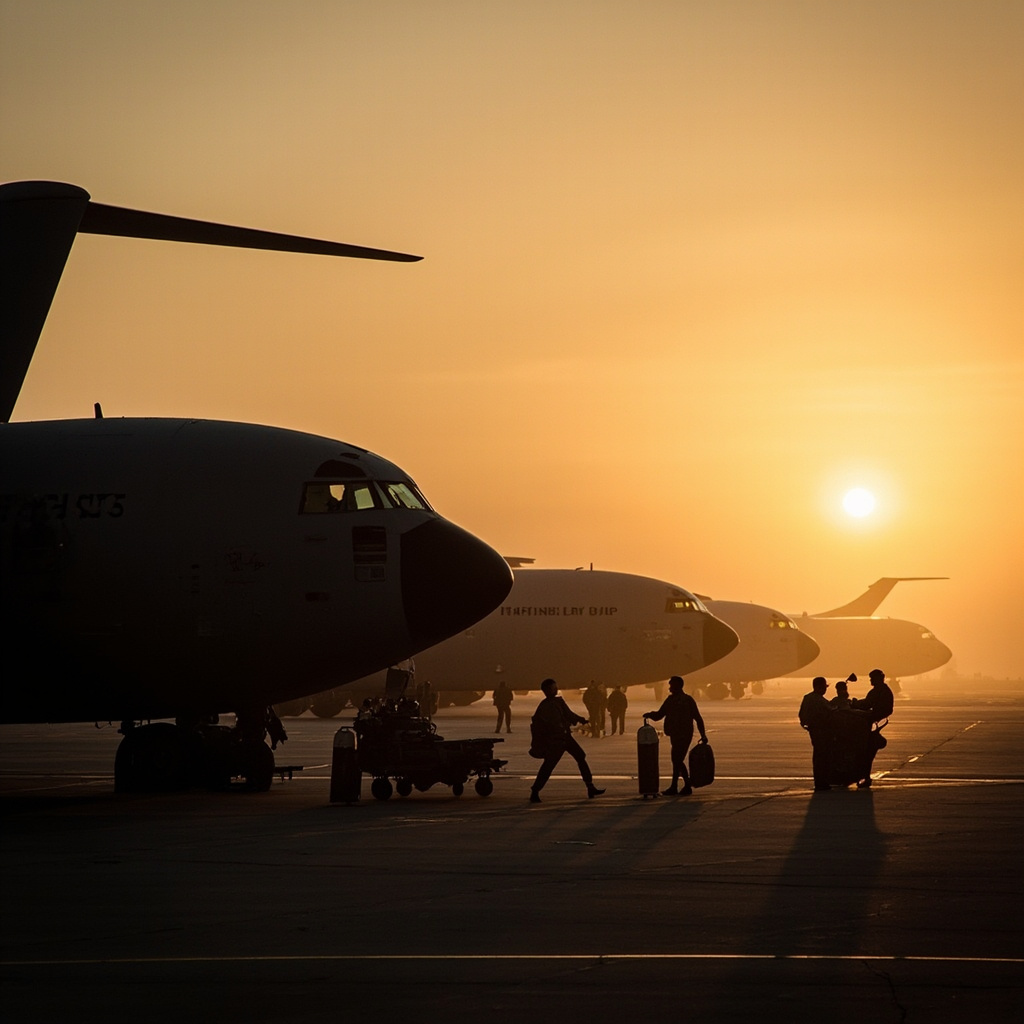 C-17 Globemaster cargo planes on a tarmac at dusk, paratroopers in full kit walking toward the ramp, heat haze off the concrete, documentary military photography