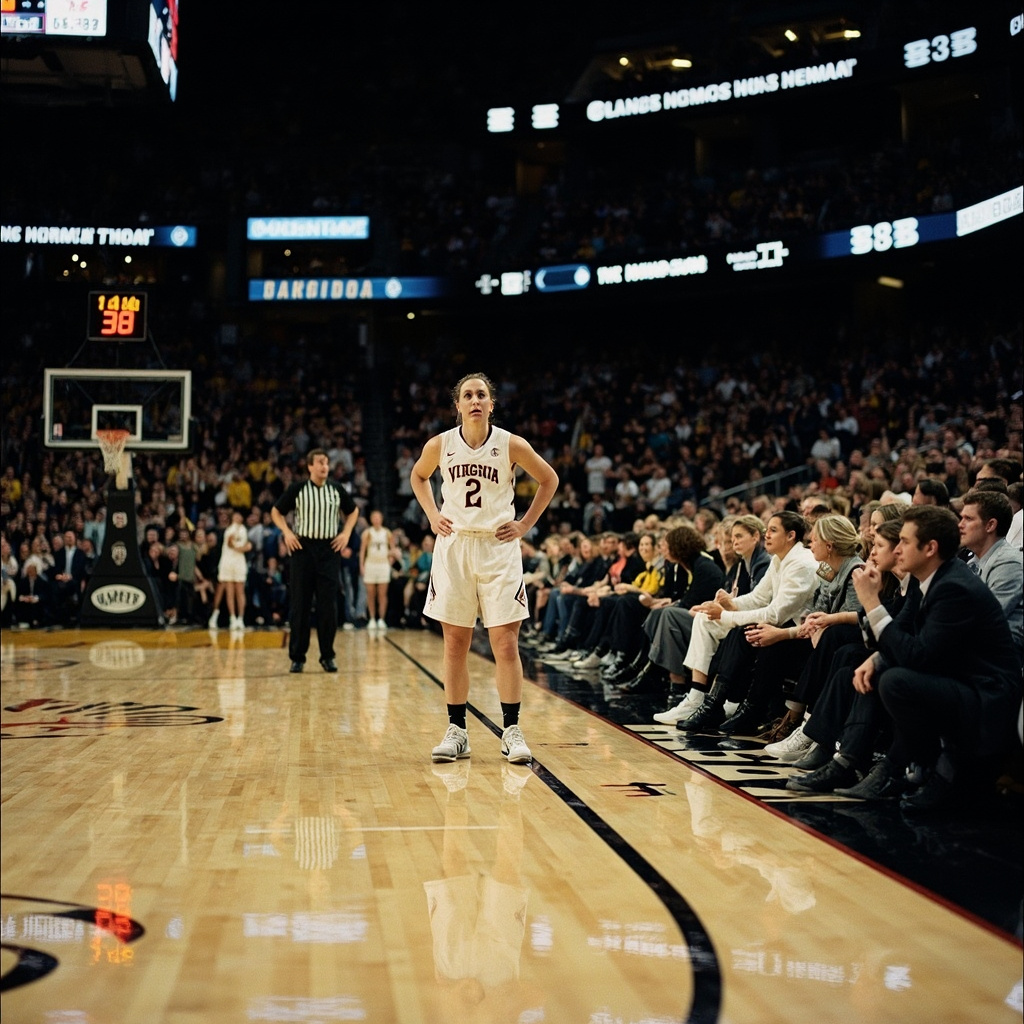 Women's basketball players celebrating on court after overtime victory, confetti beginning to fall, crowd on feet in the background