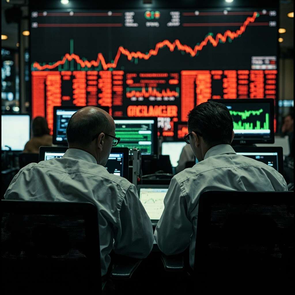 The New York Stock Exchange trading floor, screens showing green arrows and oil price tickers, traders in shirt sleeves looking up at monitors, tension beneath the optimism