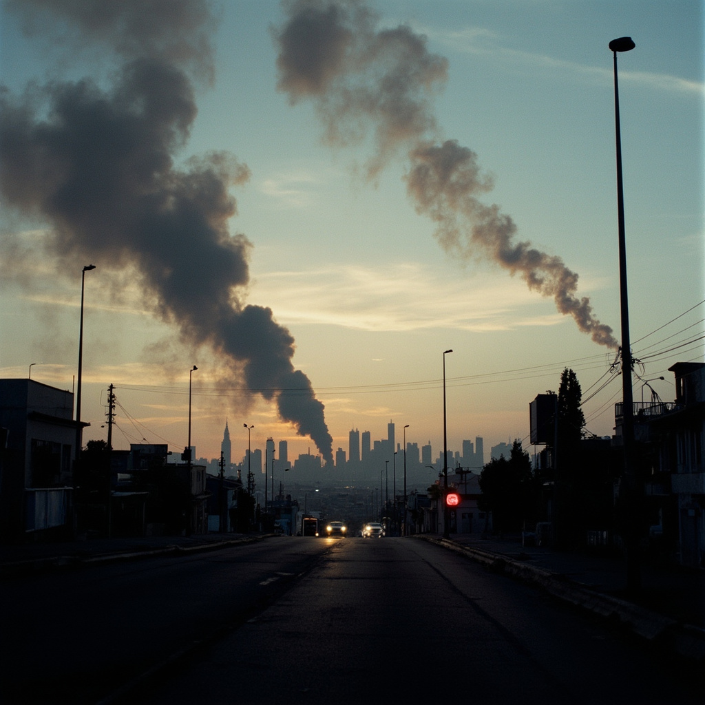 Split composition: on the left, missile trails streak across a darkening Middle Eastern sky; on the right, an enormous crowd fills an American city street holding signs, dusk light catching both scenes
