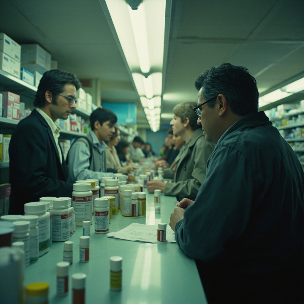 A single white pill resting on a pharmacy counter beside a prescription bottle, natural light from a storefront window, shallow depth of field