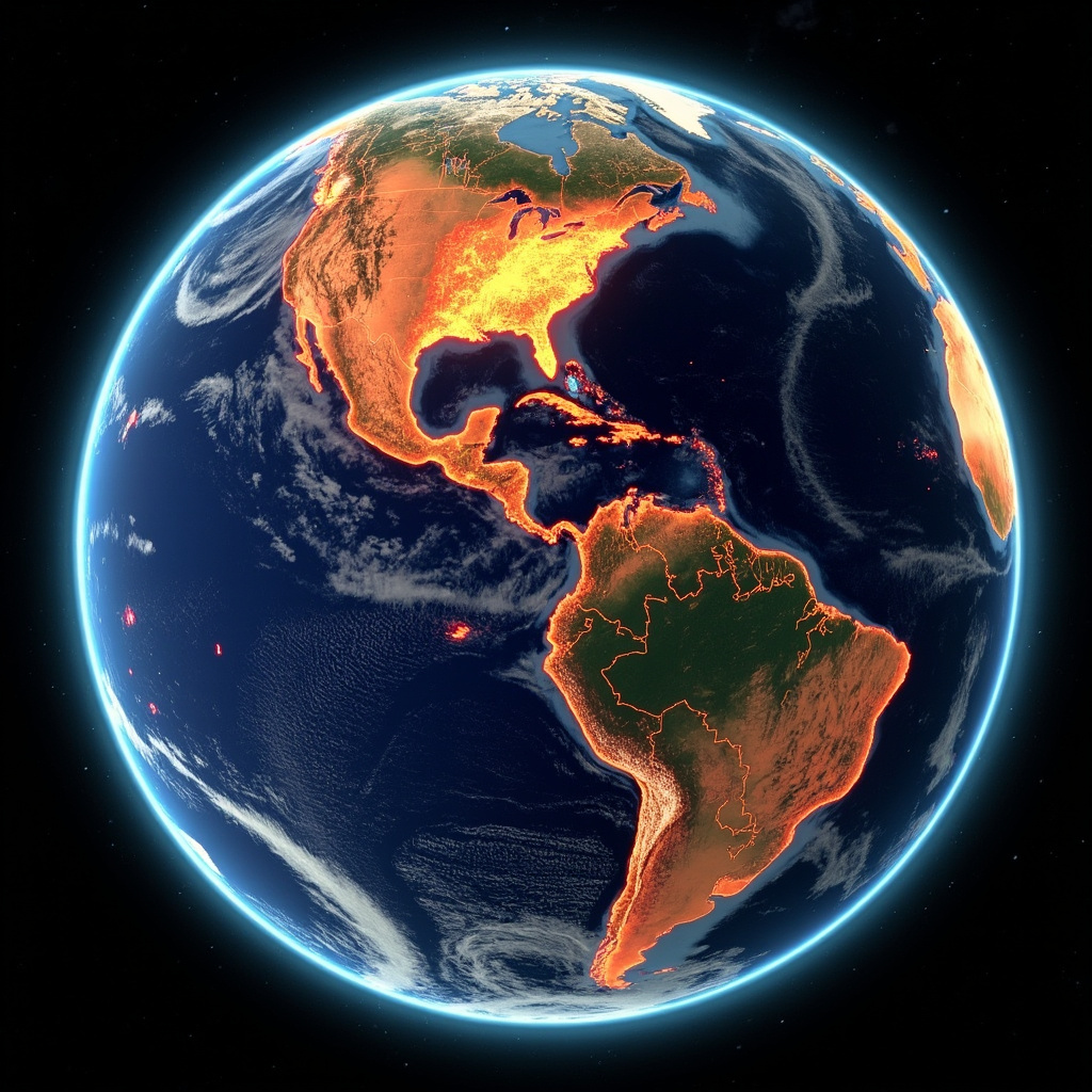 Satellite image of Earth showing ocean heat patterns, deep reds and oranges across tropical waters, thin atmosphere band visible at the horizon